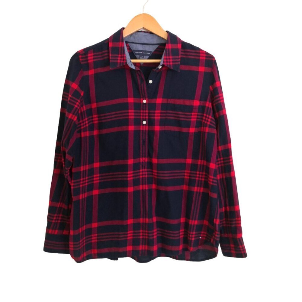 Tommy Hilfiger Super Soft Cotton Plaid Tunic Top Navy Blue/Red Size L‎